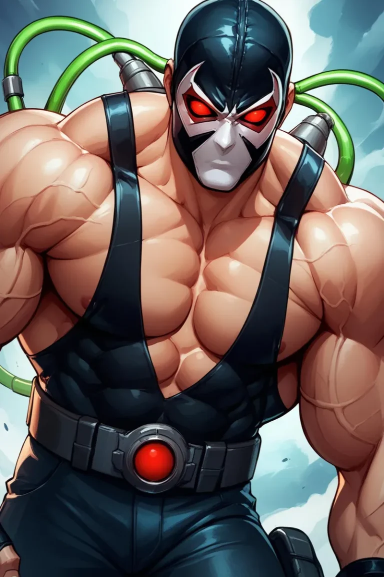 AI generated image of a muscular Bane character with a black mask, red eyes, and green tubes connected to his body using Stable Diffusion.