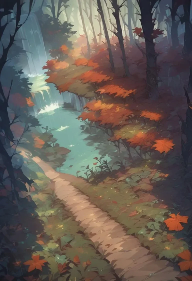 Mystical forest with autumn foliage, a winding path, and cascading waterfalls, created using Stable Diffusion.