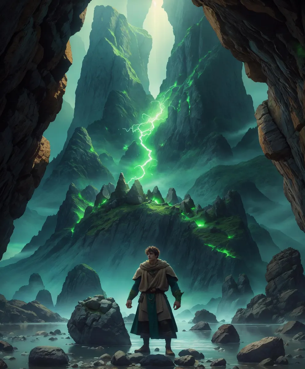 A fantasy scene with a lone adventurous explorer in front of mystical mountains surrounded by green glowing energy, AI generated using Stable Diffusion.