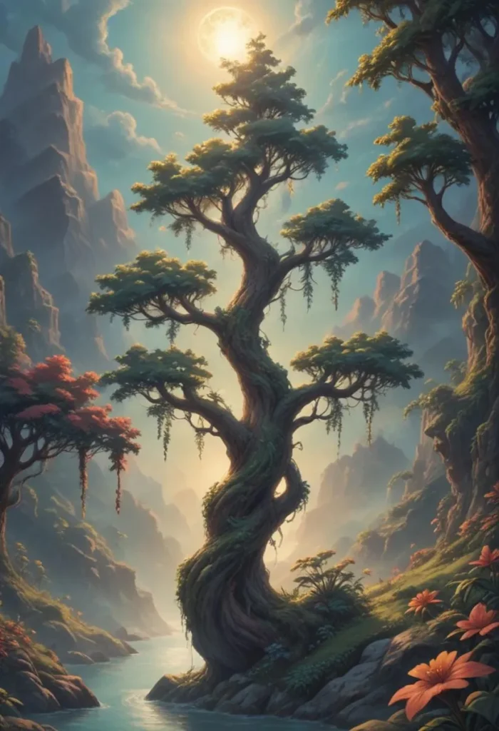 A mystical tree stands tall in a fantasy landscape with towering mountains, colorful foliage, and a glowing sun, created using Stable Diffusion.