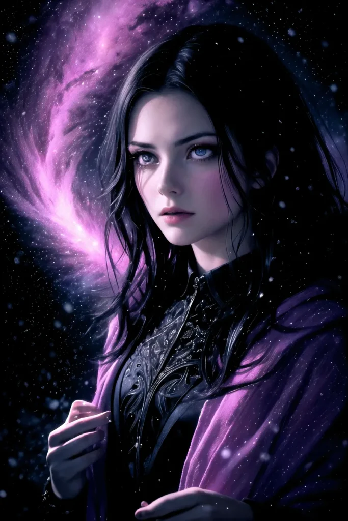 A mystical woman with black hair and blue eyes standing before a swirling purple cosmic background in an AI generated image using Stable Diffusion.