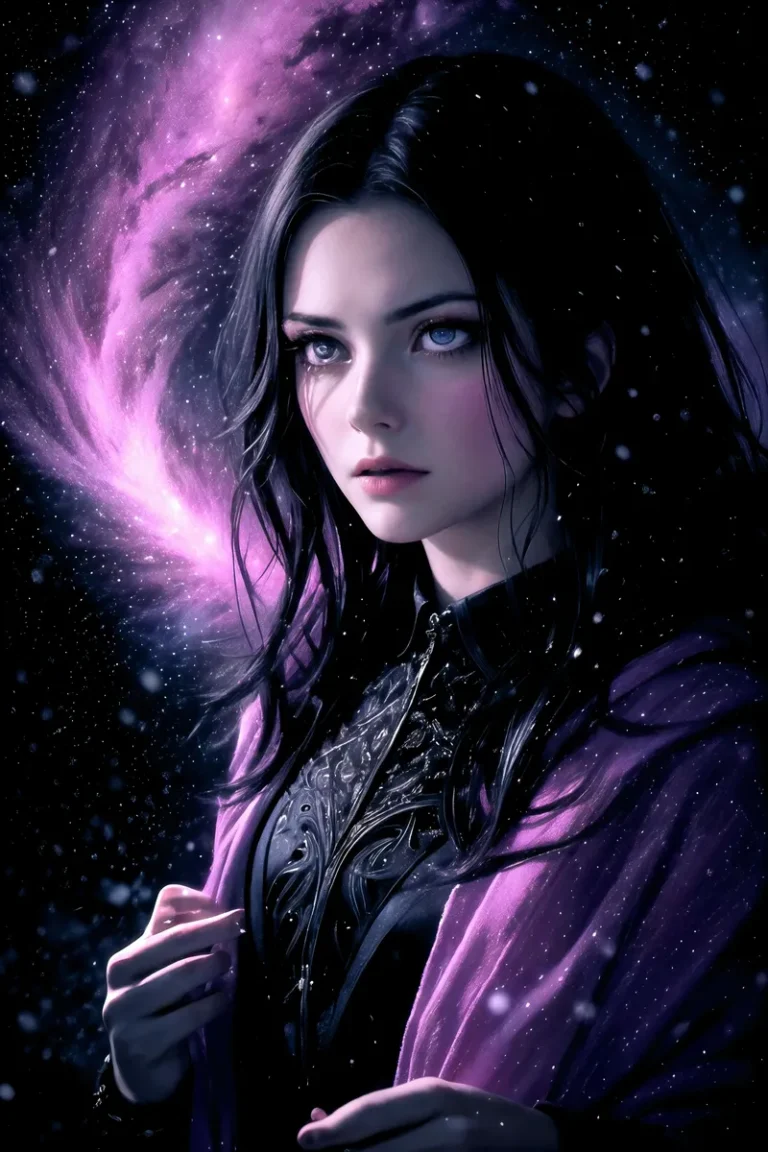 A mystical woman with black hair and blue eyes standing before a swirling purple cosmic background in an AI generated image using Stable Diffusion.