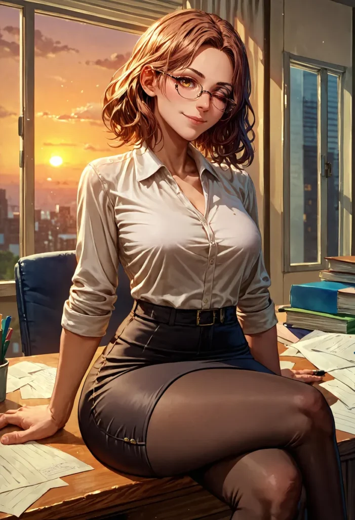 Office woman in glasses sitting on a desk at sunset, AI generated using stable diffusion.