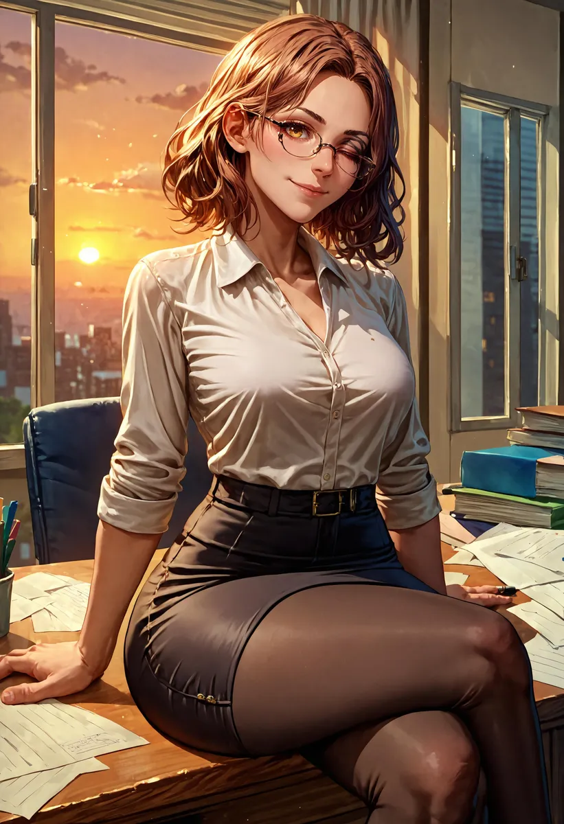 Office woman in glasses sitting on a desk at sunset, AI generated using stable diffusion.
