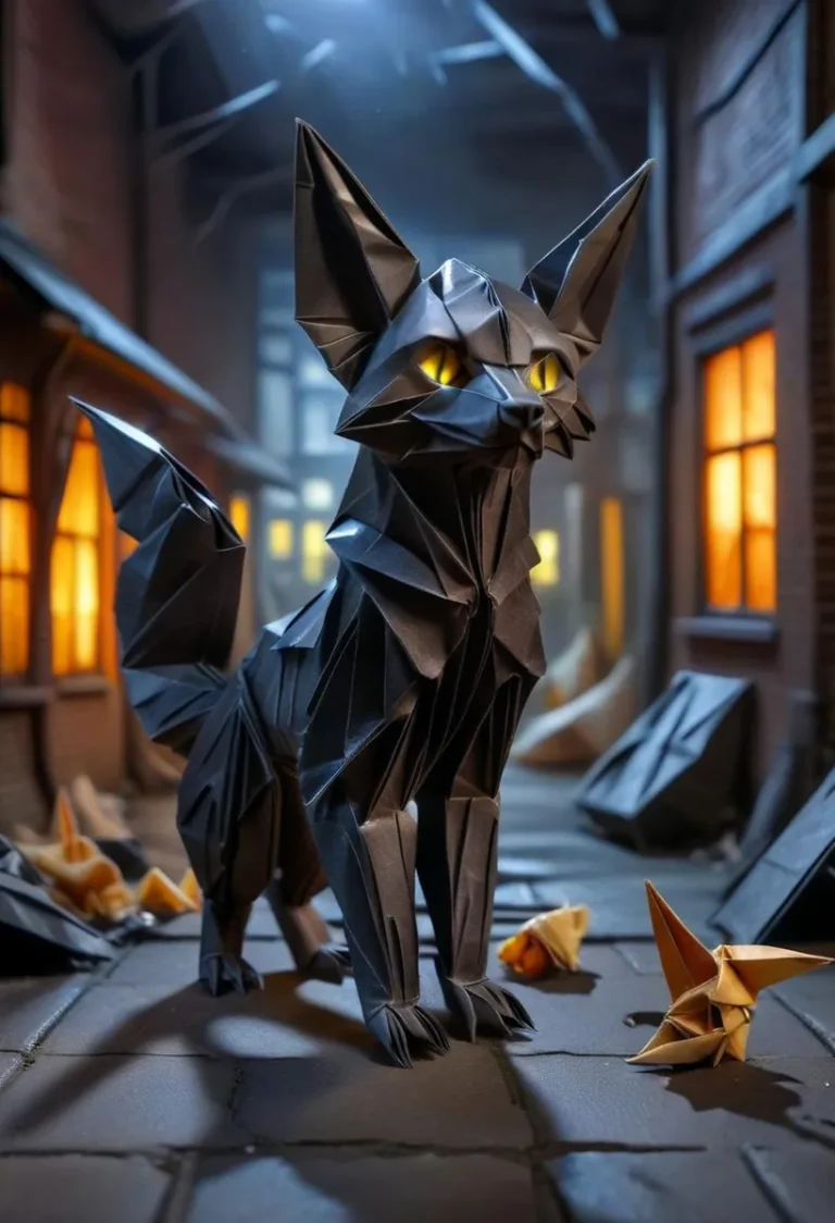 AI generated image of an origami cat paper sculpture with glowing eyes standing in a street at night using stable diffusion.