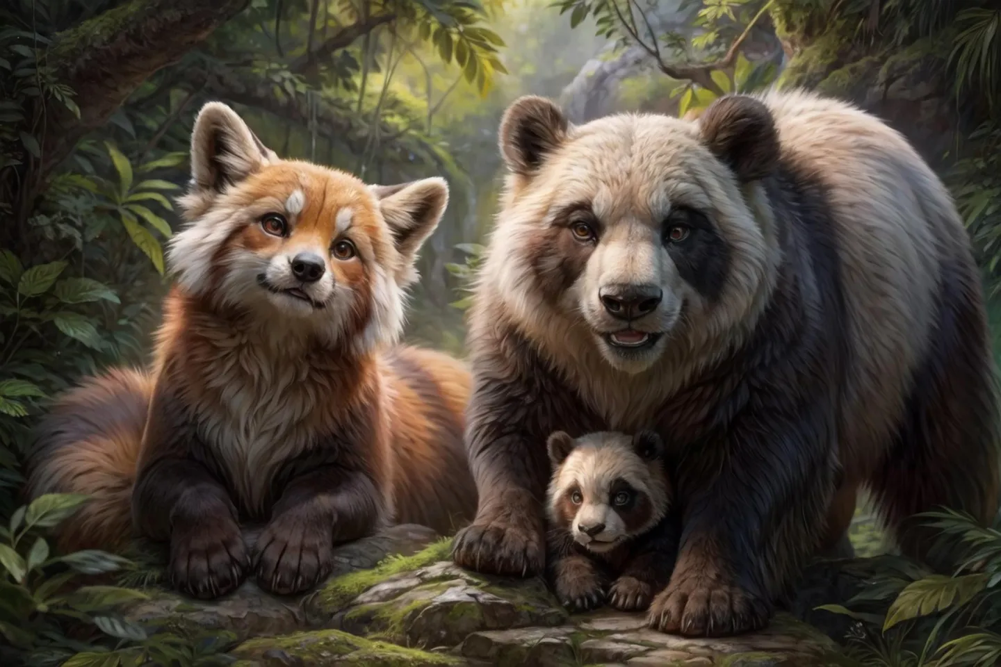 A scene of a red panda, giant panda, and a baby panda resting in a lush green forest. This is an AI-generated image using Stable Diffusion.