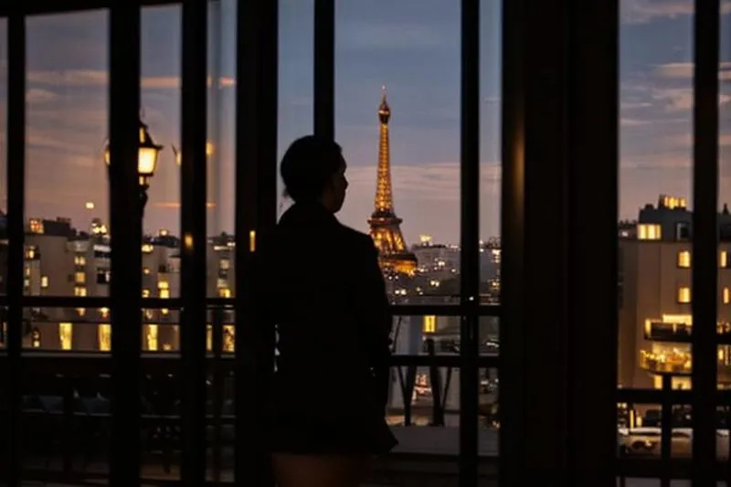 A person silhouetted against a window with a night view of Paris, prominently featuring the illuminated Eiffel Tower. AI generated image using stable diffusion.