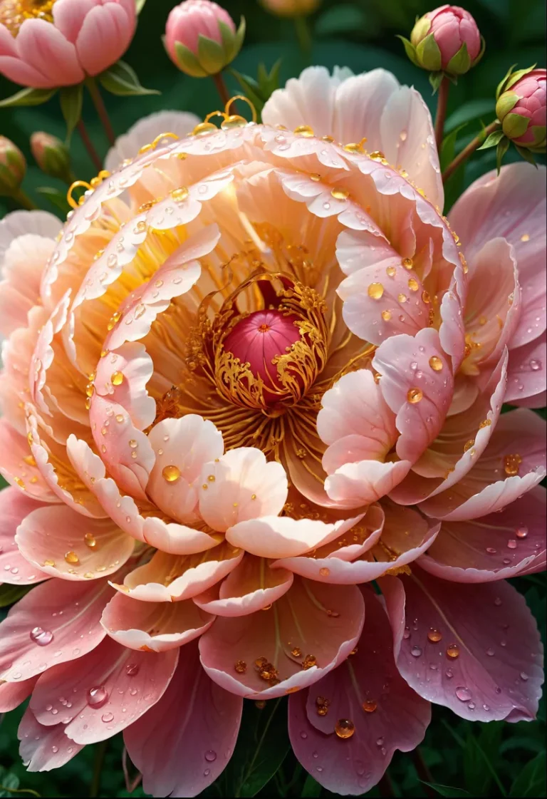 A detailed close-up of a large pink peony flower with soft, delicate petals adorned with water droplets. AI generated image using Stable Diffusion.