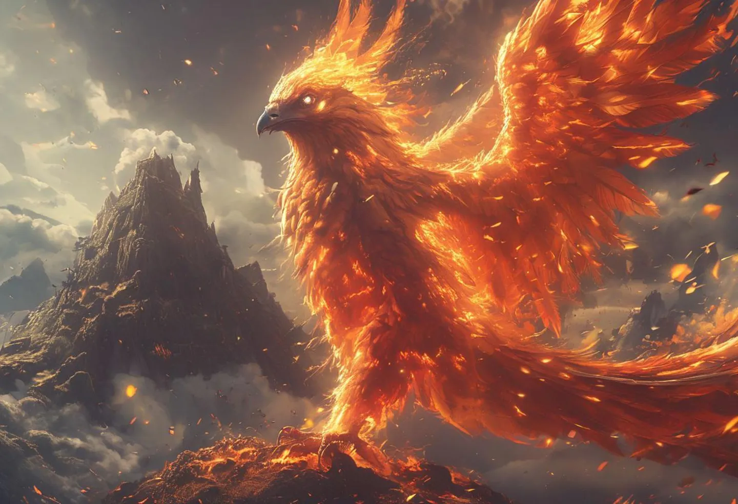 Mythical phoenix with fiery wings rising against a mountainous backdrop, AI generated using Stable Diffusion.