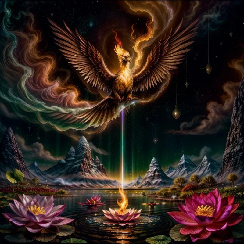 A majestic phoenix soaring above an enchanted lotus lake with vibrant colors. AI generated using Stable Diffusion.