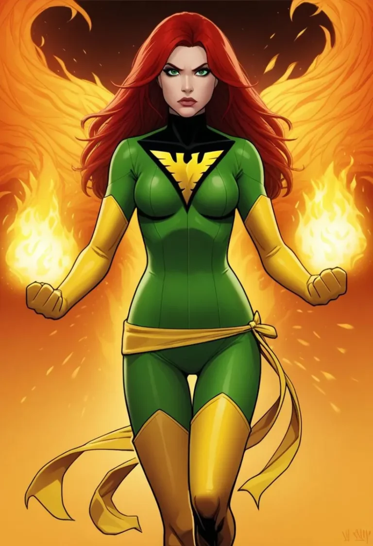 A comic character in a green and gold Phoenix costume with fire effects, AI generated image using Stable Diffusion.