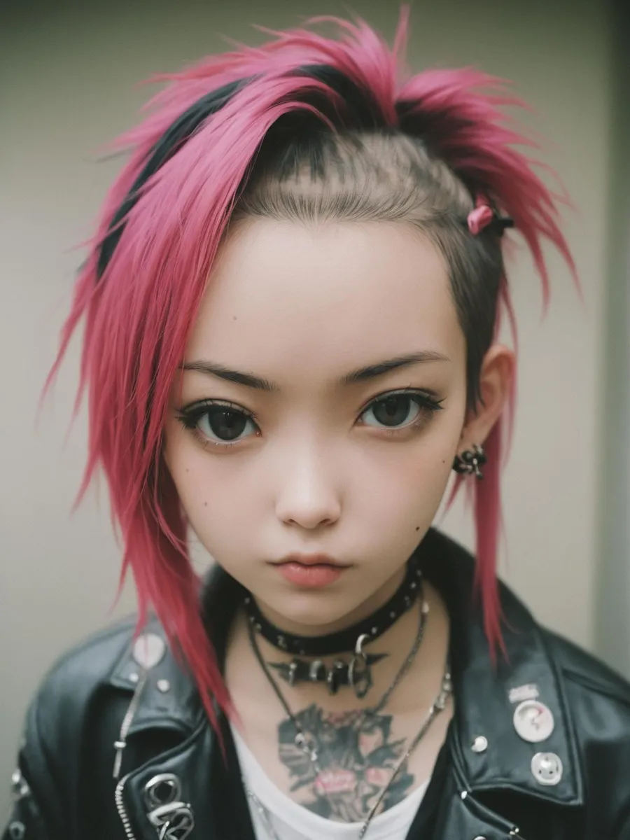 AI-generated image of a girl with pink hair styled in a punk fashion, wearing a black leather jacket with metallic accessories and sporting cyberpunk fashion elements.