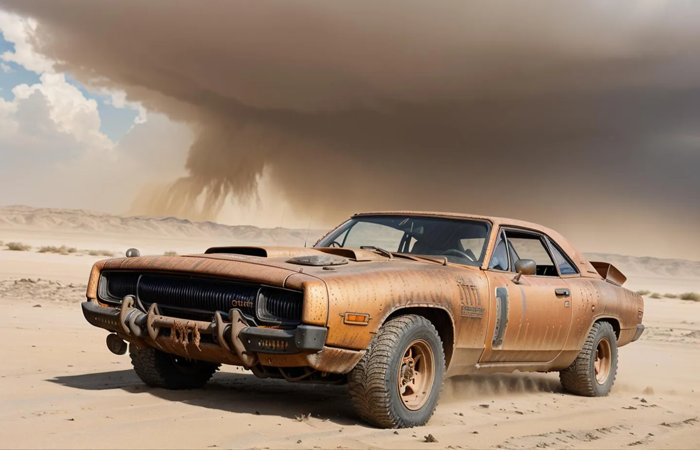 A post-apocalyptic car with rusted features parked in a desert under an impending storm. AI generated image using Stable Diffusion.