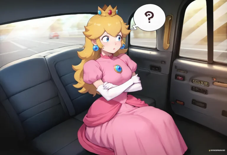 Anime-style princess with a crown and pink dress sitting in the backseat of a car, looking confused. AI generated image using Stable Diffusion.