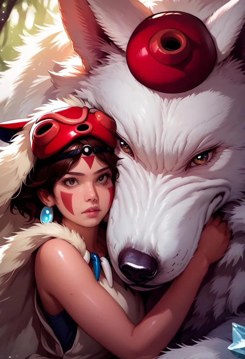 Princess Mononoke anime character wearing traditional attire with red face paint and a red mask. She is holding a large, white wolf with a red marking on its head. This image is AI generated using Stable Diffusion.