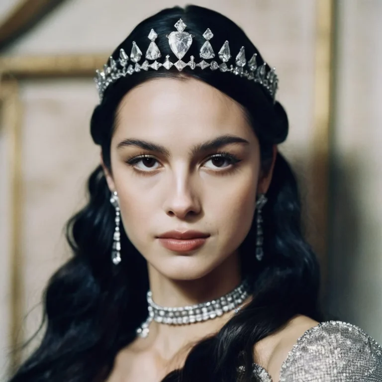 A digitally created image using stable diffusion depicting a princess wearing an elegant tiara adorned with diamonds and matching earrings and necklace.