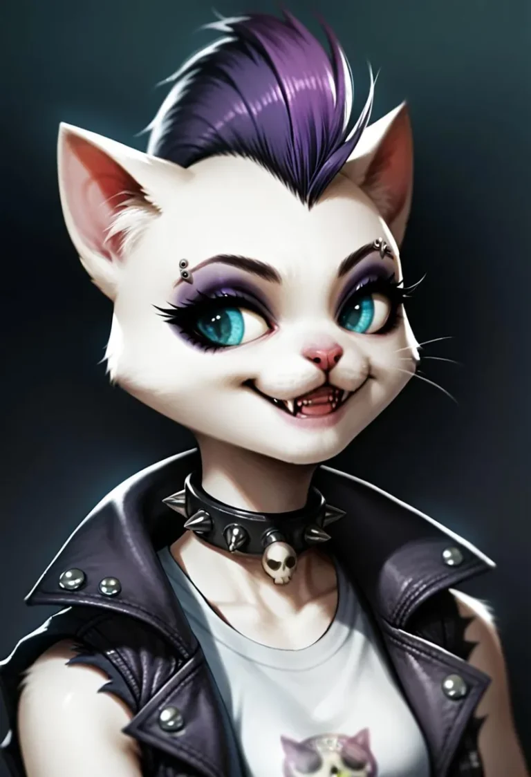 Anthropomorphic cat character in punk style with purple mohawk, wearing a studded leather jacket and spiked collar. AI generated image using Stable Diffusion.