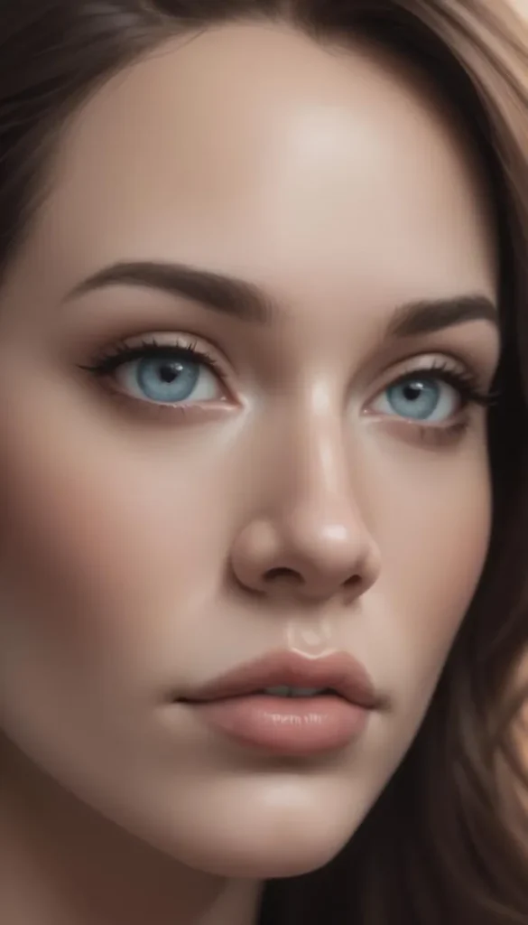 A hyper-realistic close-up of a woman's face with striking blue eyes and smooth skin generated using Stable Diffusion.