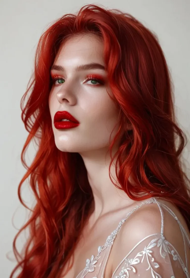 A striking AI-generated image of a woman with flowing red hair, deep red lipstick, and vibrant green eyes. She is wearing a white, intricately designed dress.