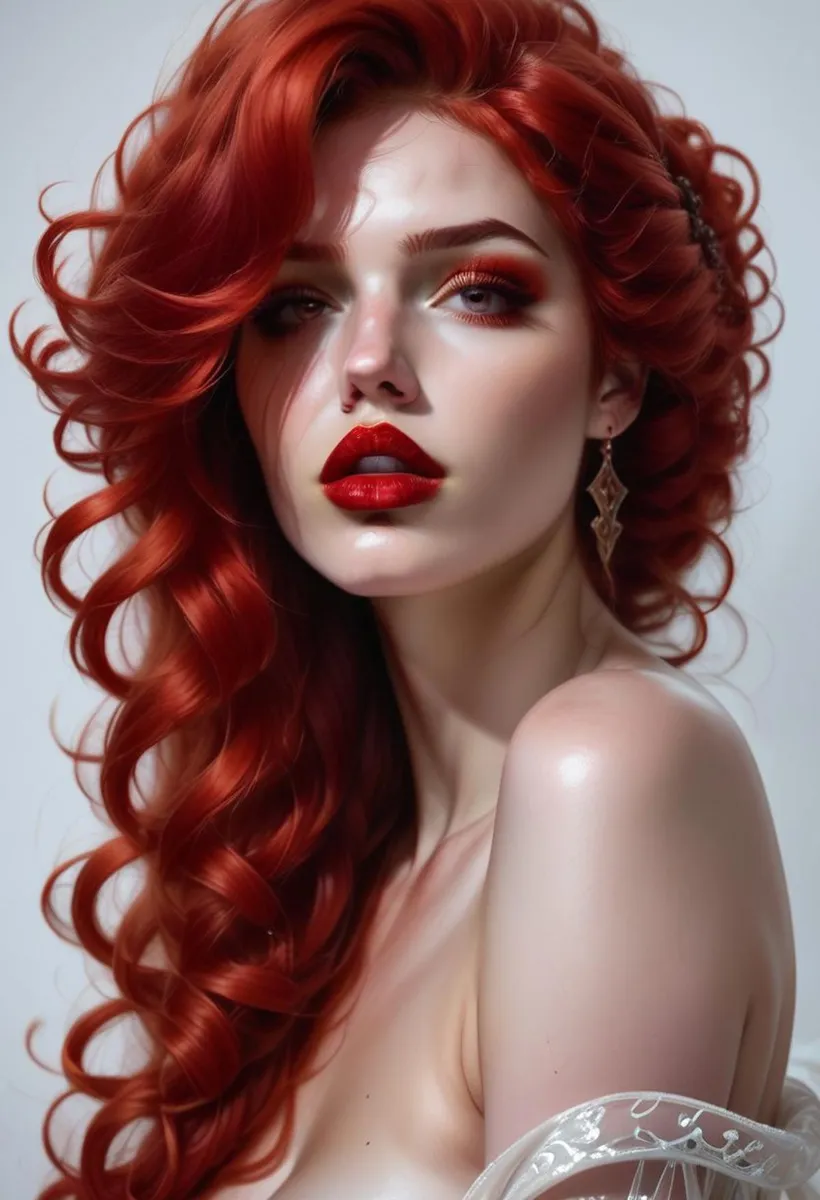 A beautiful AI generated image of a woman with vibrant red hair, styled in voluminous, wavy curls. She has striking makeup with bold red lipstick and red-toned eyeshadow. She is wearing ornate, dangling earrings and a delicate, partly off-shoulder outfit.