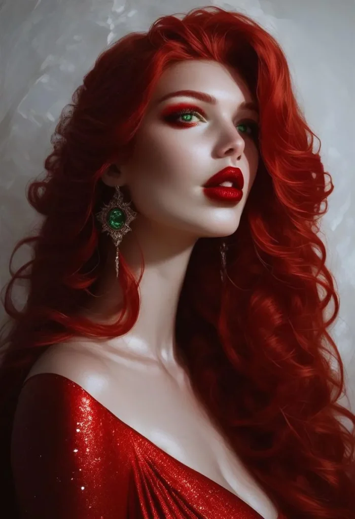 AI generated image using stable diffusion of a red-haired woman with green eyes in an elegant red dress and intricate green gemstone earrings.