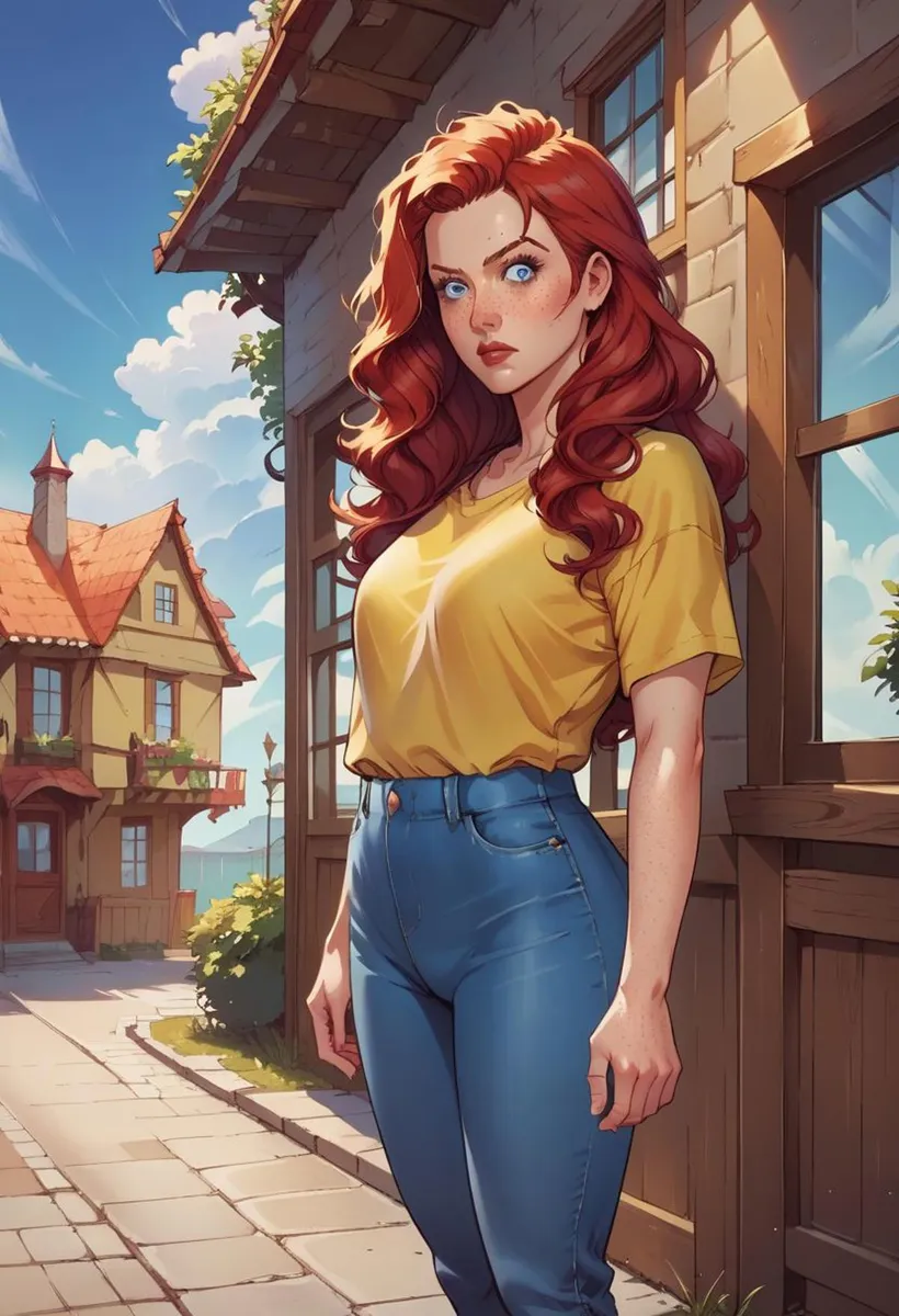A red-haired woman standing in a sunny village, created using Stable Diffusion AI.