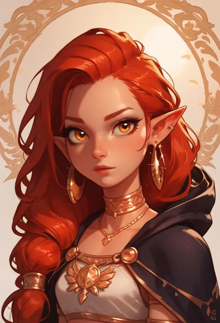 AI generated image using stable diffusion showing a red-haired elf with pointed ears and golden eyes, adorned with gold jewelry and a black cloak.
