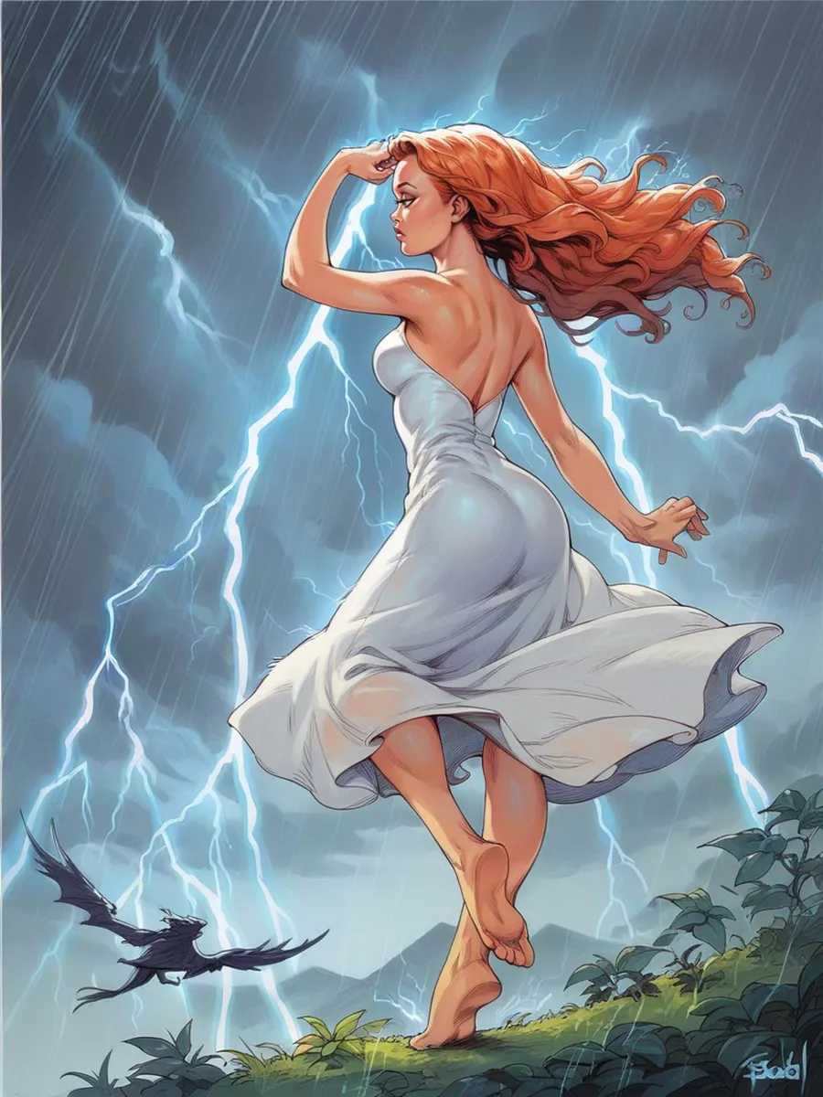 A stunning, AI generated image using stable diffusion of a red-haired woman in a white dress standing barefoot in a stormy scene with lightning striking in the background.