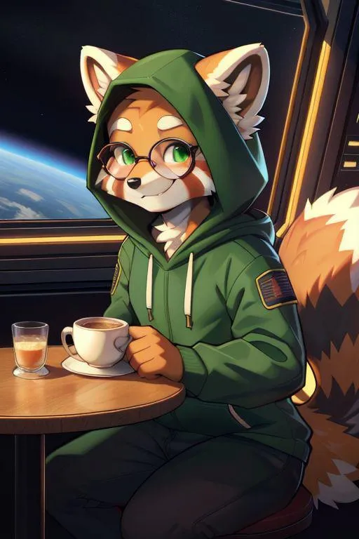Anthropomorphic red panda wearing a green hoodie and glasses, seated at a table in a space café with a coffee cup and a spaceship window view. This is an AI generated image using stable diffusion.