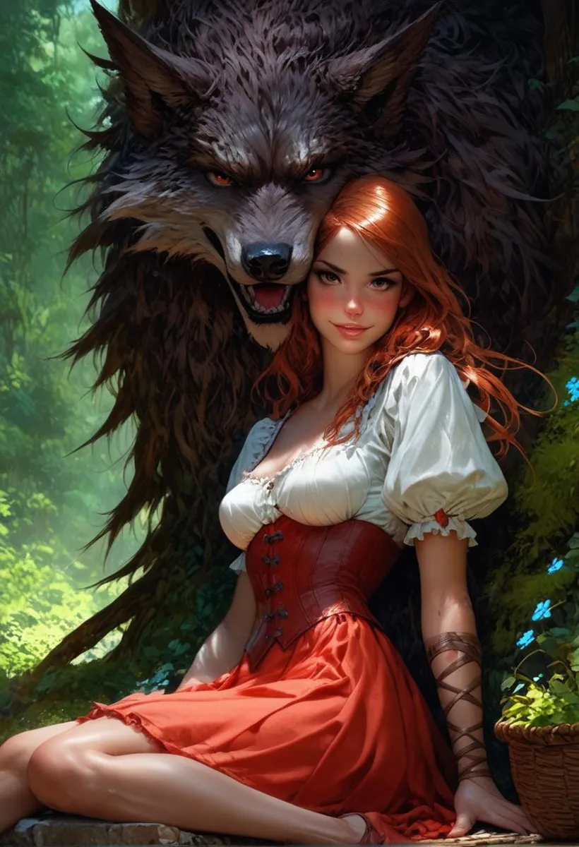 Fantasy art of character inspired by Red Riding Hood in a red dress with a large wolf behind her, AI generated image using Stable Diffusion.