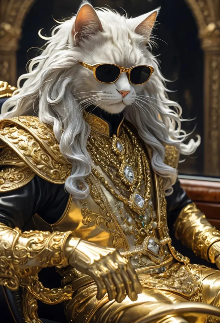 AI generated image of a cat with white fur, wearing sunglasses, and adorned in an intricately designed gold royal costume using stable diffusion.