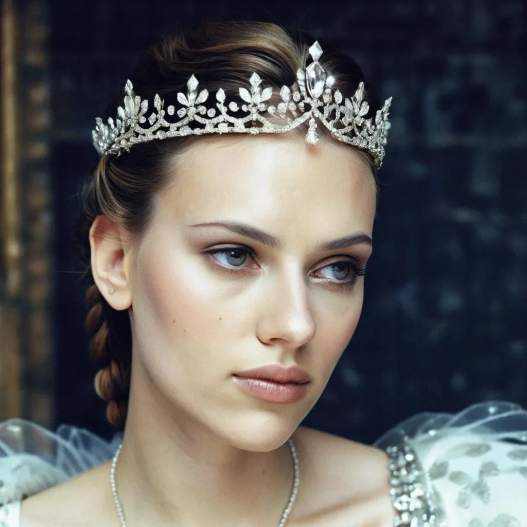 An elegant portrait of a regal woman with a crystal tiara and braided hair, AI generated using stable diffusion.