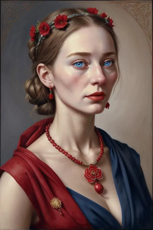 A renaissance-style portrait of a woman with striking blue eyes, wearing a red and blue dress, with red flower accessories and intricate jewelry. AI generated image using Stable Diffusion.