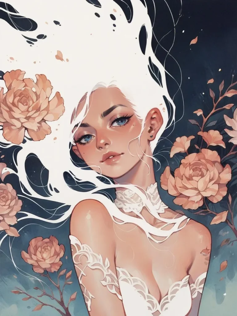 AI generated image of a young woman with flowing white hair in anime style surrounded by flowers using Stable Diffusion.
