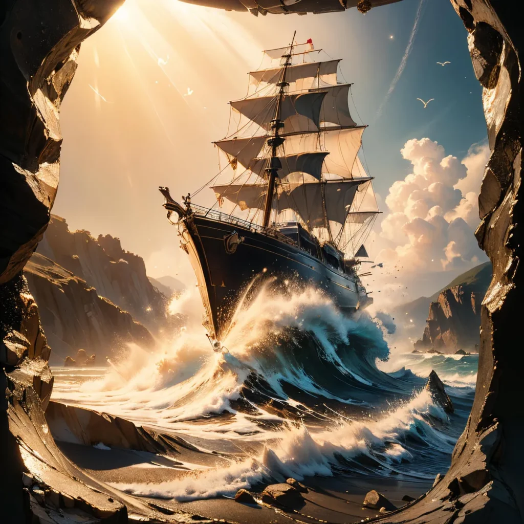 A dramatic scene of a sailing ship navigating through powerful, sunlit waves, created using Stable Diffusion AI.
