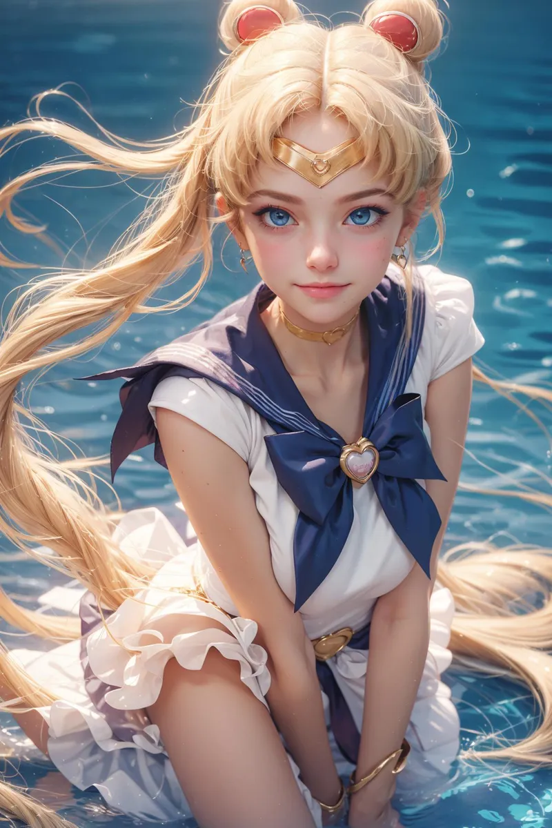 A stunning AI generated image of a blonde anime girl with blue eyes, reminiscent of Sailor Moon, wearing a sailor-style outfit, created with Stable Diffusion.