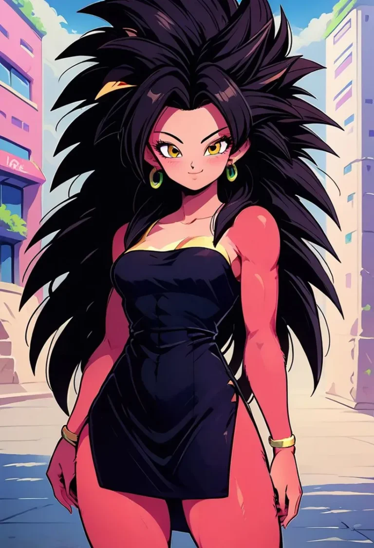 Anime-style woman with thick, black spiky hair, yellow eyes, and a confident expression. She wears a fitted black dress and green hoop earrings. AI generated image using Stable Diffusion.