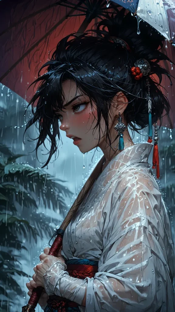 AI-generated image of a samurai woman standing under an umbrella in the rain, created using Stable Diffusion.