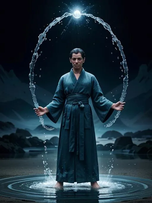Samurai dressed in traditional garments performing a water bending technique in a serene, mountainous setting. AI generated image using Stable Diffusion.