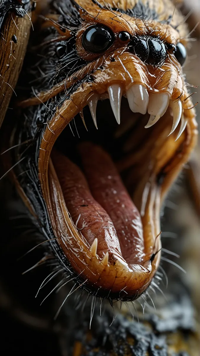 A hyper-realistic AI-generated image of a spider's face in extreme close-up using Stable Diffusion, showcasing its open mouth, sharp fangs, and detailed textures.