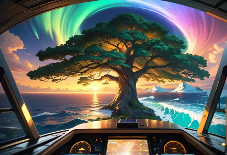 A sci-fi landscape featuring a large cosmic tree with broad branches overlooking an ocean sunset, viewed from a futuristic control room, generated using Stable Diffusion.