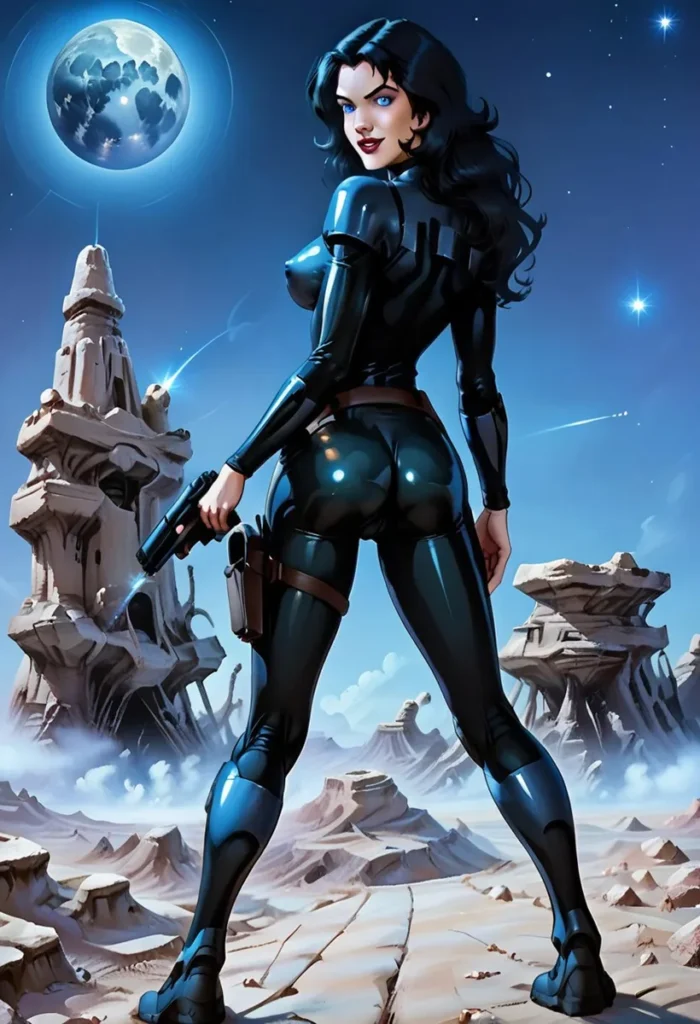 A sci-fi woman in a black bodysuit standing in a futuristic desert landscape with a moon in the sky. AI generated image using stable diffusion.