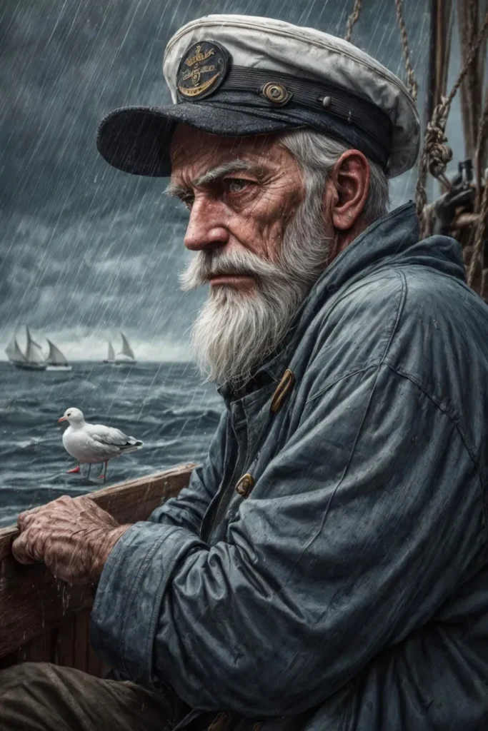 Elderly sea captain with white beard and cap sitting on a boat in rainy weather. AI generated image using Stable Diffusion.