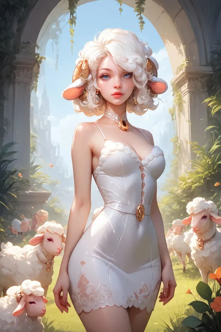 AI image of an anthropomorphic sheep girl with white hair and a white dress, surrounded by sheep, created using stable diffusion