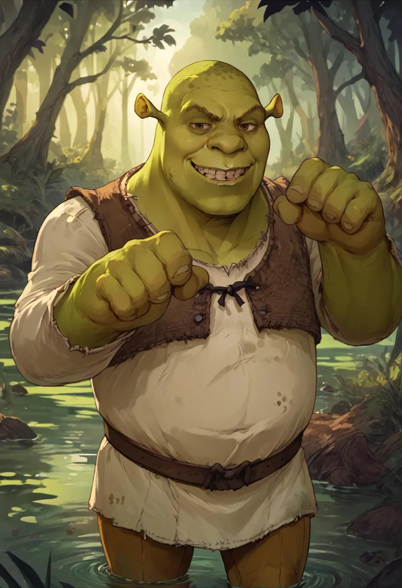 Shrek character standing in a forest background, AI generated image using stable diffusion.