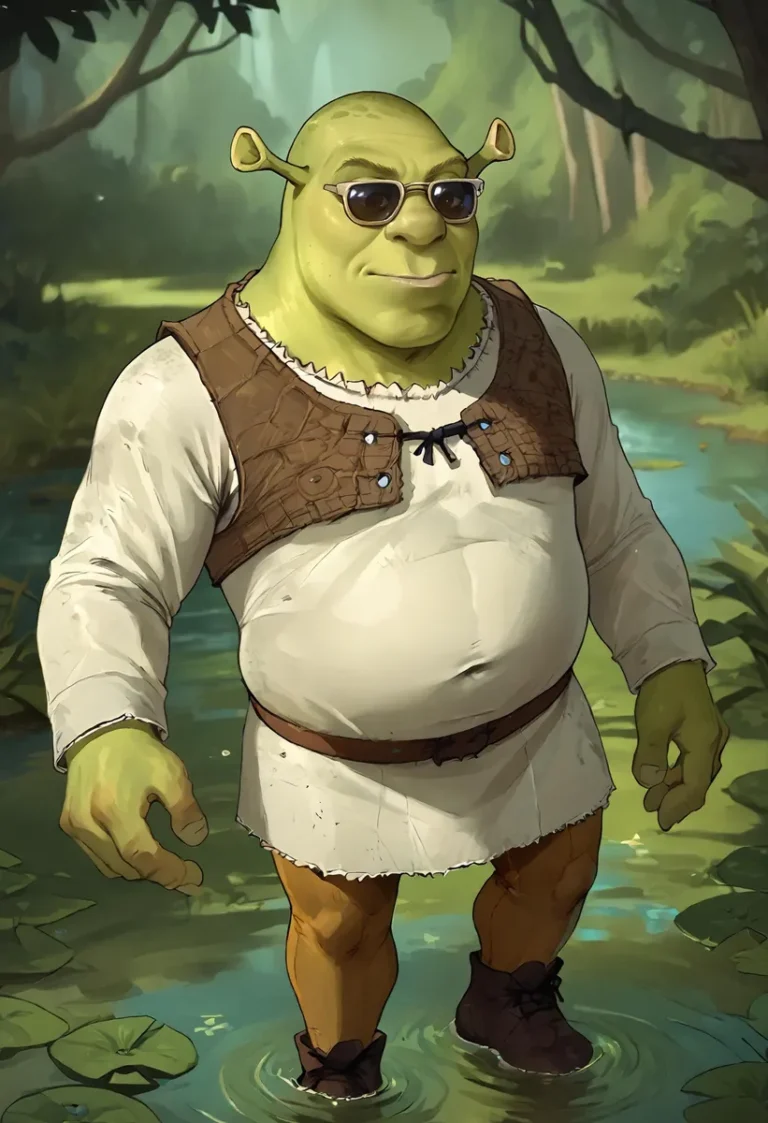 Shrek wearing sunglasses and a brown vest in a forest with a relaxed expression. AI generated image using Stable Diffusion.