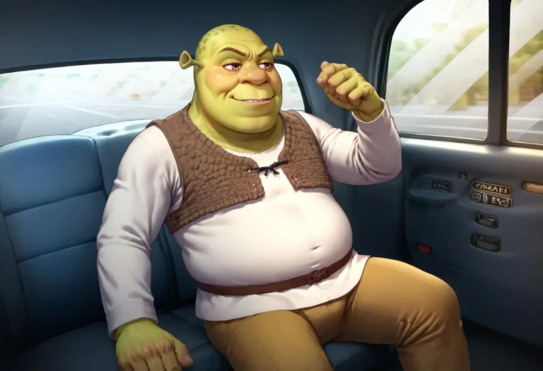 Shrek character sitting in the back of a taxi, AI generated image using Stable Diffusion.