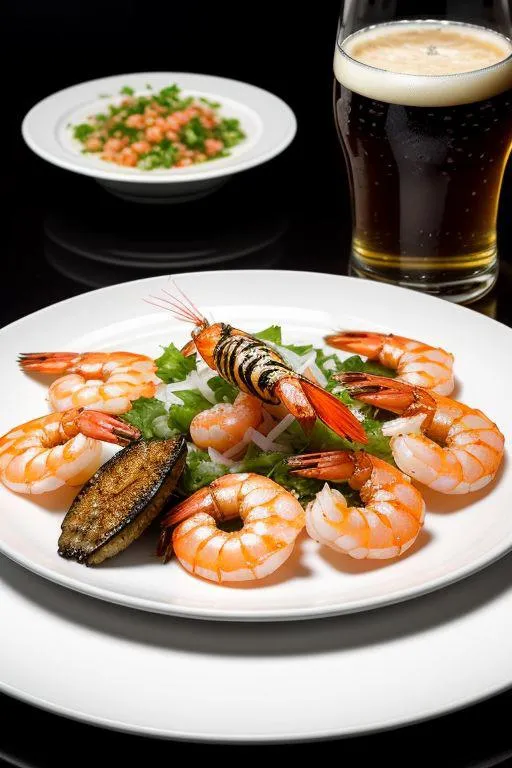 A detailed shrimp platter with greens and grilled vegetables accompanied by a glass of beer, created using Stable Diffusion.