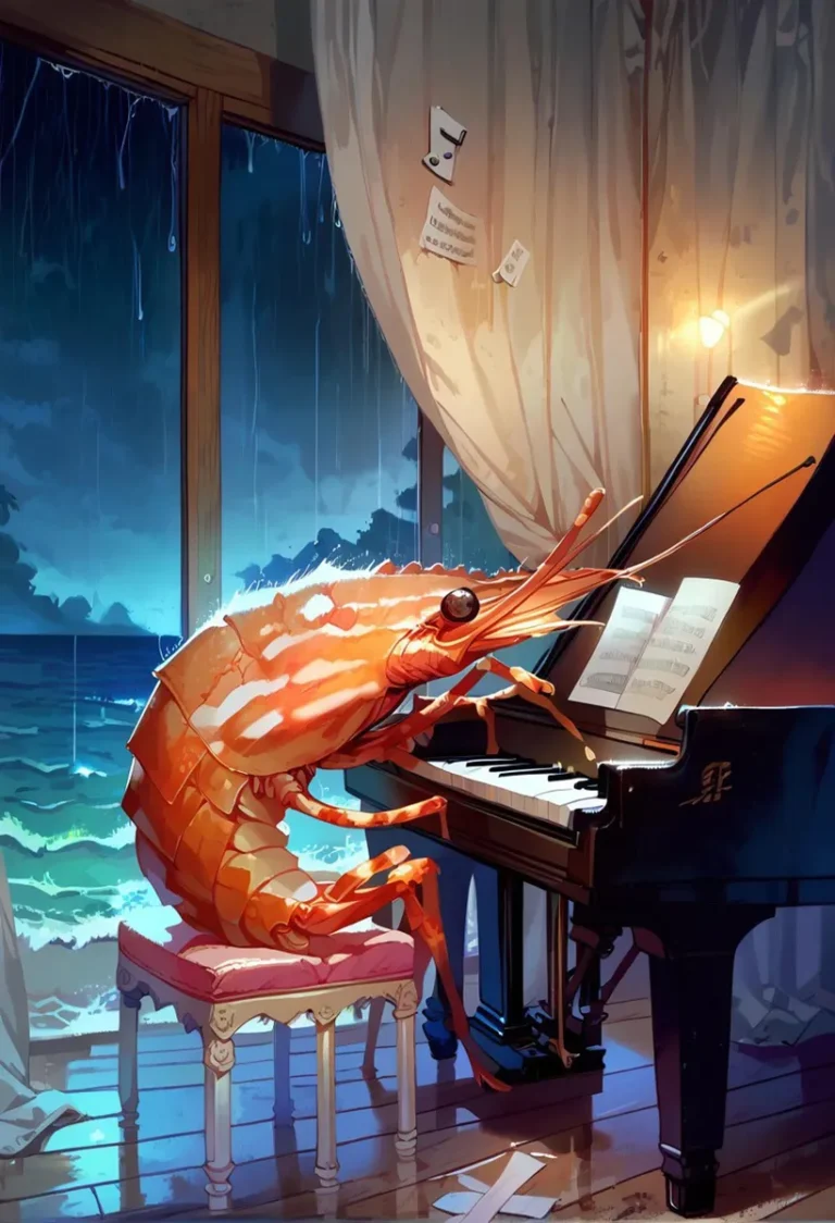 A shrimp playing the piano in a surreal room with an ocean view, AI generated using Stable Diffusion.