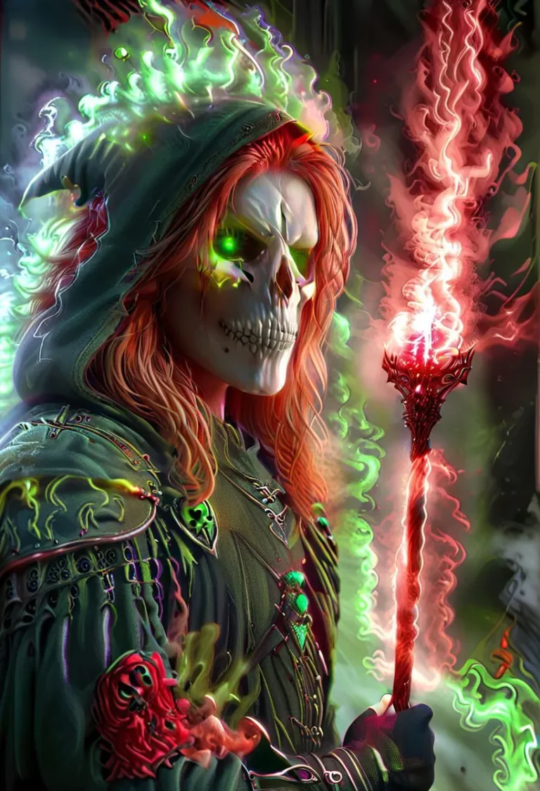 AI generated image using Stable Diffusion of a skeleton mage with glowing green eyes, wearing a detailed green robe with flaming patterns and holding a fiery staff.